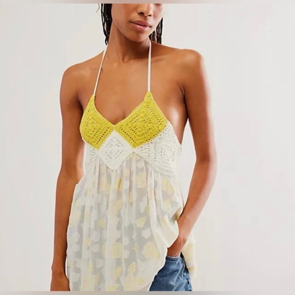 Free People Yellowbell Crochet Sheer Halter Tunic Yellow Ivory Boho Small